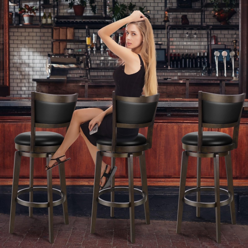 Industrial Swivel Bar Stool Black Leather-Like Seat