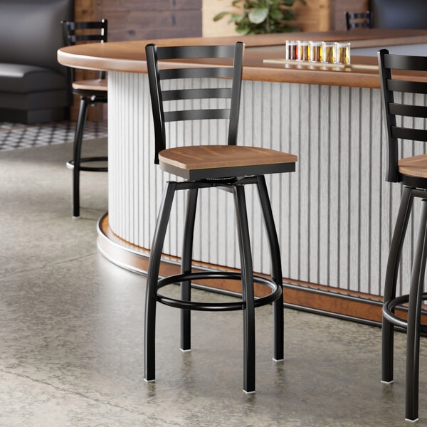 Industrial Swivel Bar Stool with Ladder Back and Wood Seat