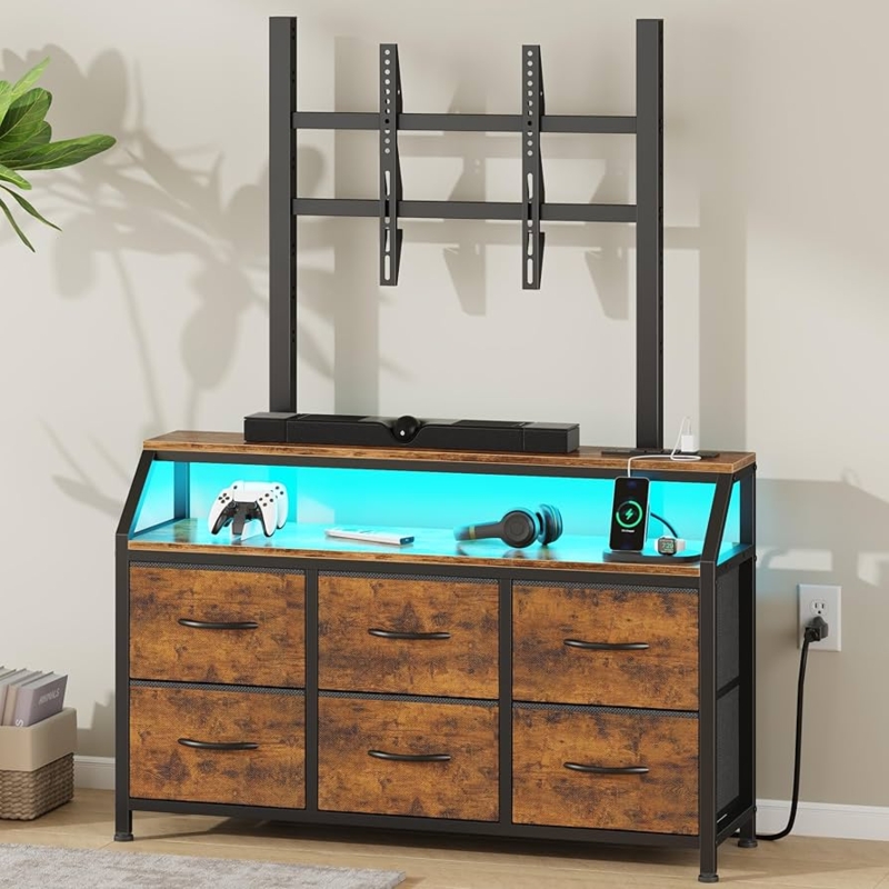Industrial TV Stand with Integrated Mount and Cyan LED Backlighting