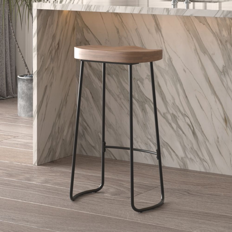 Industrial Wood and Metal Stool Backless Saddle Slim Black Frame
