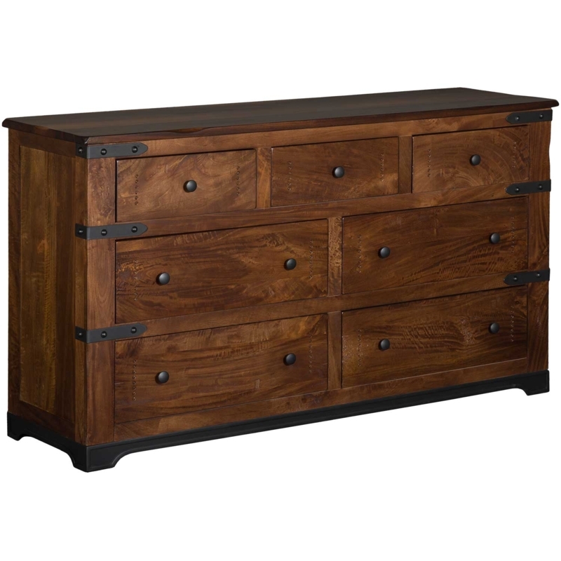Industrial Wood Dresser with Metal Straps and Nailhead Trim