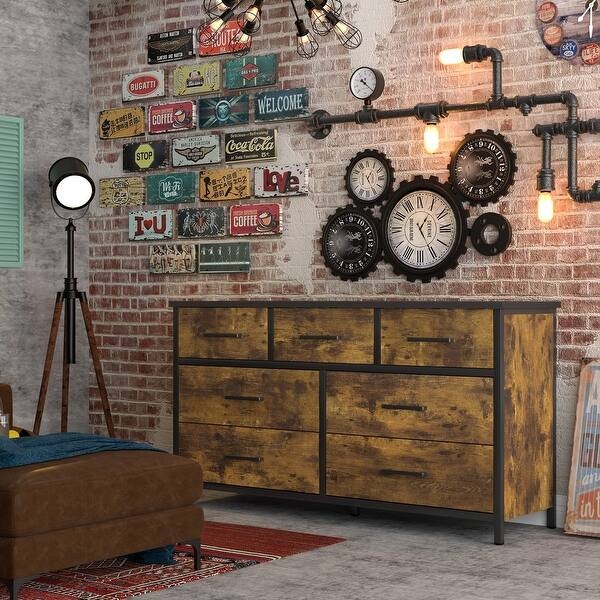 Industrial Wood Storage Dresser, Seven Drawers, Mixed Drawer Sizes