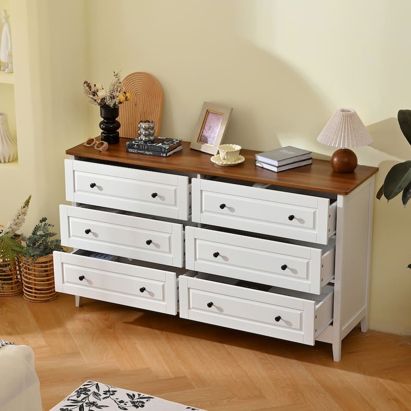 Ivory Double Dresser Wood Top Recessed Panels Farmhouse