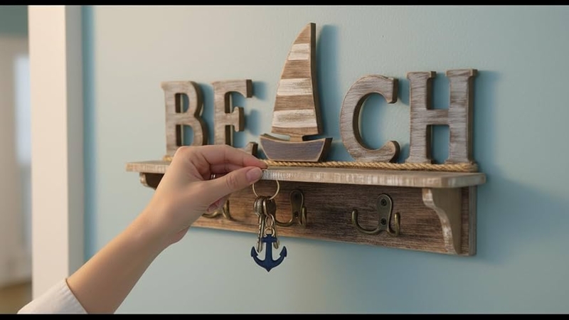 Key Holder, Beach Lettering, Sailboat Silhouette, Whitewashed Finish.