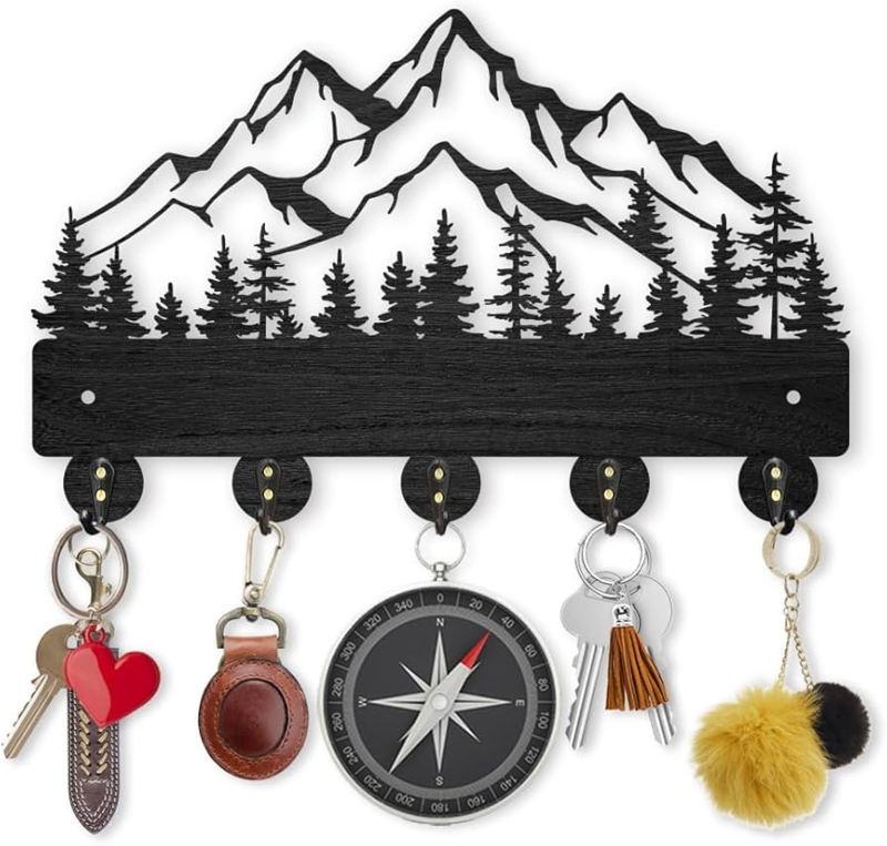 Key Rack with Wood Grain Base and Five Alloy Hooks Lodge Style