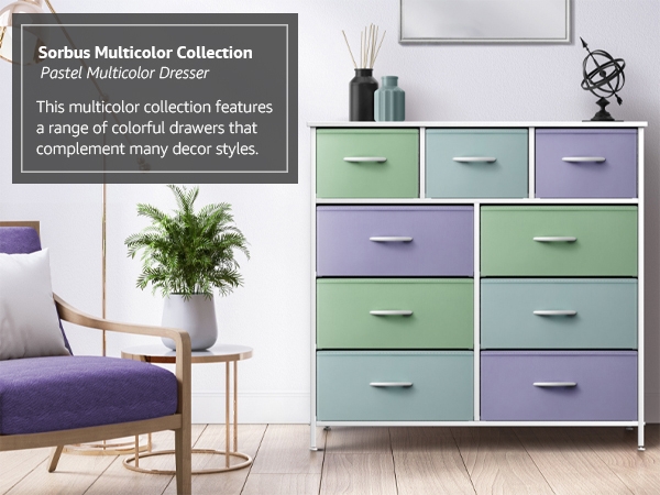 Kids Dresser Modern Pastel Multicolor Fabric Bins Nine Drawer Tower