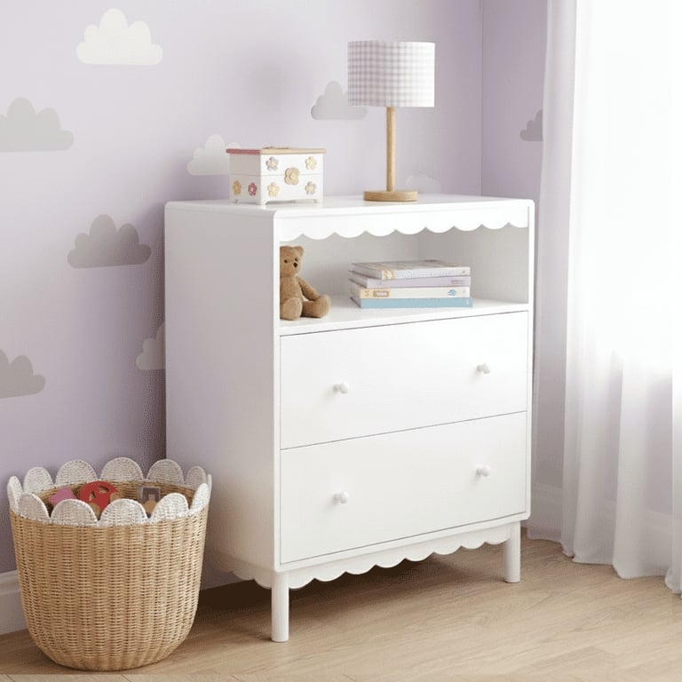 Kids Dresser White Scalloped Edge with Open Top Shelf Whimsical Style