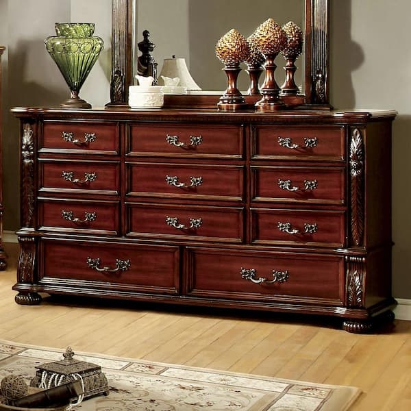 Large Brown Cherry Dresser with Eleven Drawers and Bun Feet