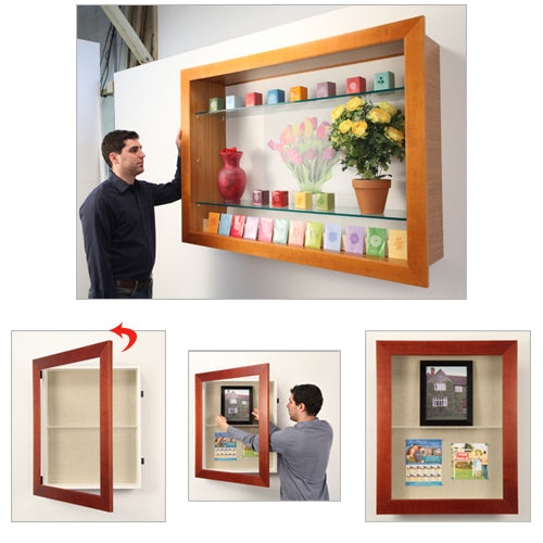 Large Shadow Box Swing-Open Door Warm Wood with Adjustable Glass Shelves