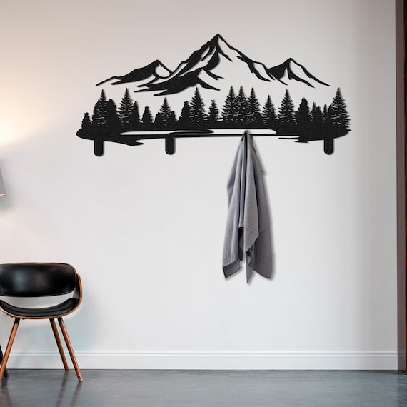 Laser Cut Metal Wall Rack Pine Forest Design Integrated Hooks