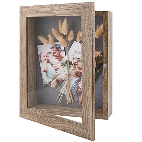 Light Brown Shadow Box Frame Hinged Door Magnetic Catch Wood Grain