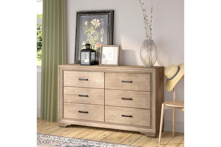 Light Oak Double Dresser: Block Feet, Recessed Panels. Rustic Style.