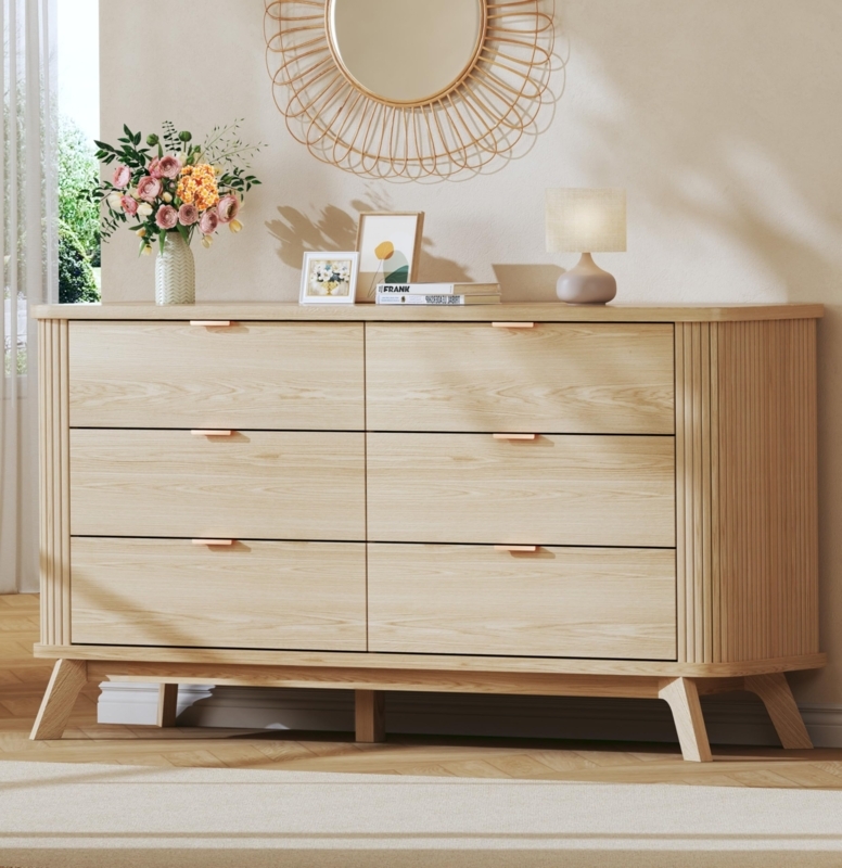 Light Oak Double Dresser with Fluted Sides and a Curved Profile