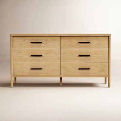 Light Oak Dresser: Slim Black Pulls, Rounded Frame. Minimalist Style.