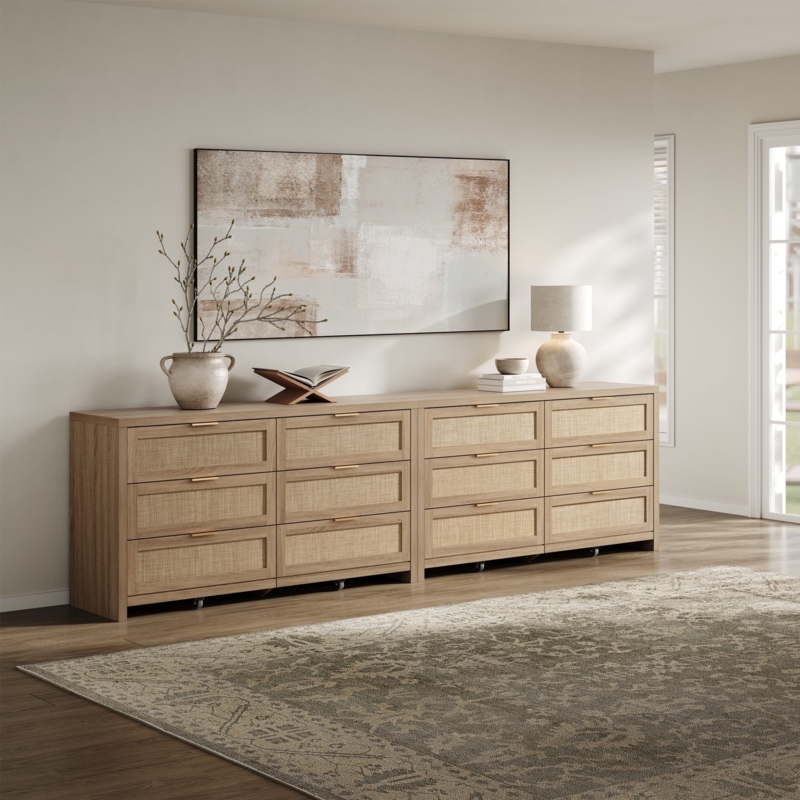 Light Oak Dresser with Horizontal Gold Hardware and Rattan