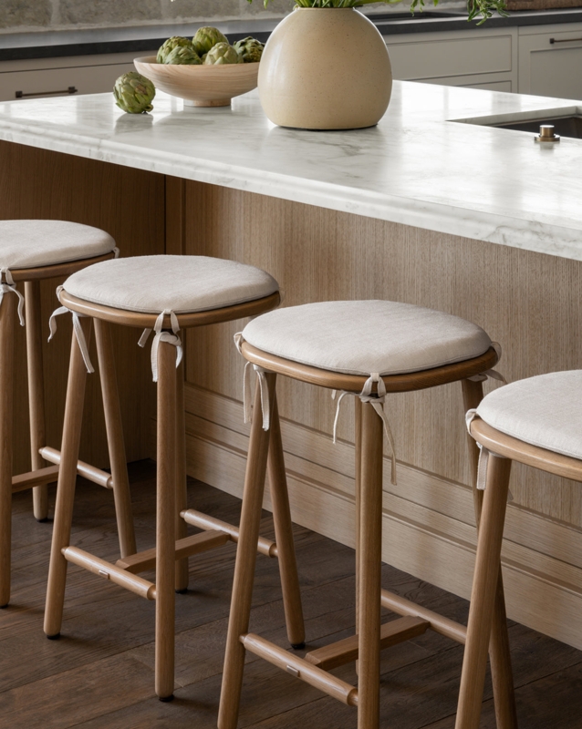 Light Wood Backless Counter Stools with Round Seat and Tie-On Cushions