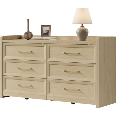 Light Wood Double Dresser 6 Drawer Gold Hardware Gallery Rail Top