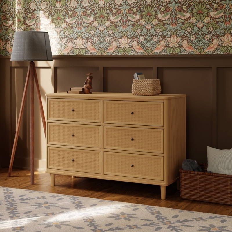 Light Wood Dresser featuring Woven Cane Drawer Fronts