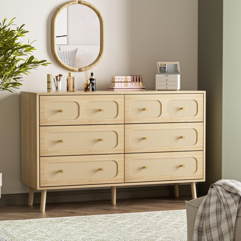 Light Wood Dresser with Cane Inserts and Gold Knobs
