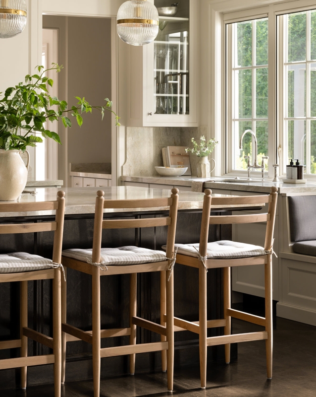 Light Wood Ladder Back Counter Stools with Striped Cushions