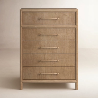 Light Wood Tall Chest with Rounded Frame and Gold Bar Pulls