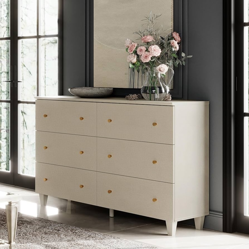 Linen Textured Double Dresser with Gold Knobs, Transitional Style