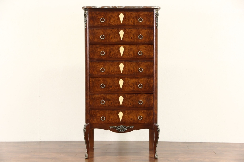 Lingerie Chest Burled Wood Veneer Diamond Inlay Marble Top