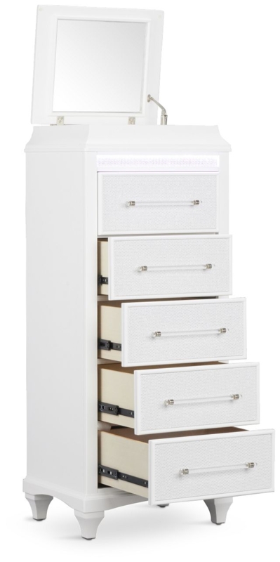 Lingerie Chest Glam White Textured Fronts Flip-Top Mirror Acrylic Handles