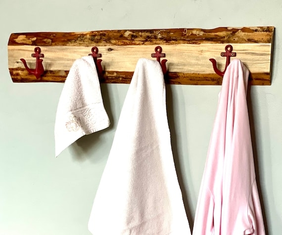 Live Edge Plank Coat Rack with Red Anchor Hooks
