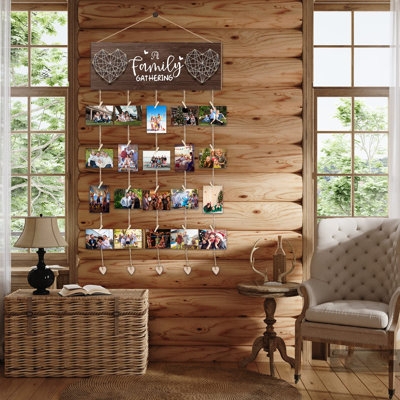 Log Cabin Frame, String and Clip Display, Rustic Setting