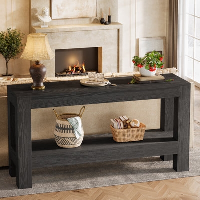 Long Black Wood Console Table with Two Tiers & Thick Legs for Sofa