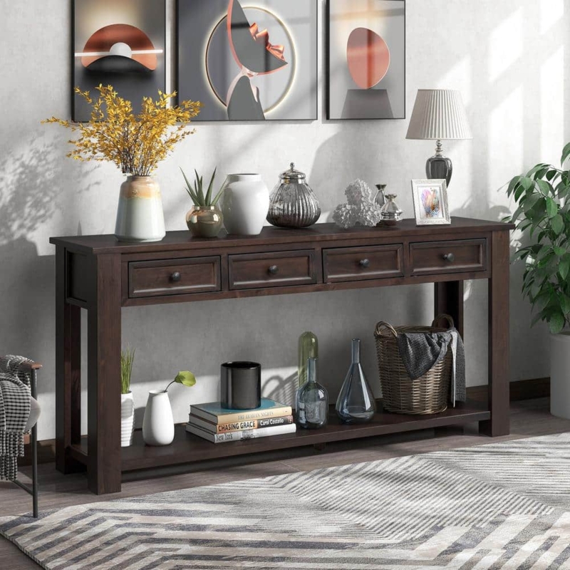 Long Console Table 63 Inch Four Drawers Espresso Entryway