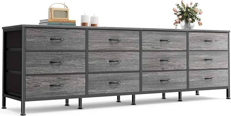 Long Dresser, 70-Inch Gray Wood Grain Fabric 12-Drawer, Metal