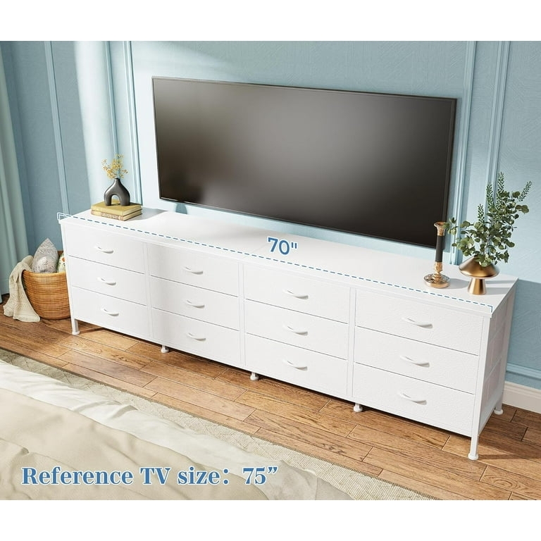 Long Dresser, 70-Inch White 12-Drawer, Minimalist Fabric Bins