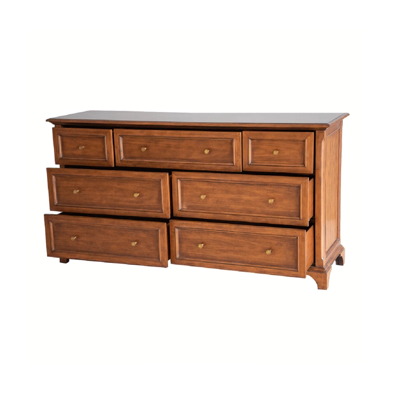 Long Dresser Featuring Recessed Paneling and Brass-Toned Knobs