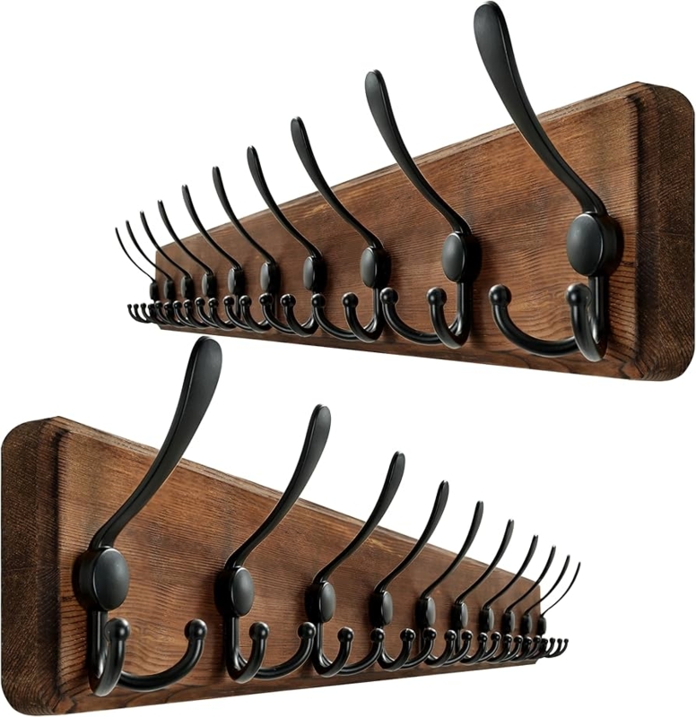 Long Profile Wall Mounted Coat Rack Two Pack Wood Grain Triple Hooks