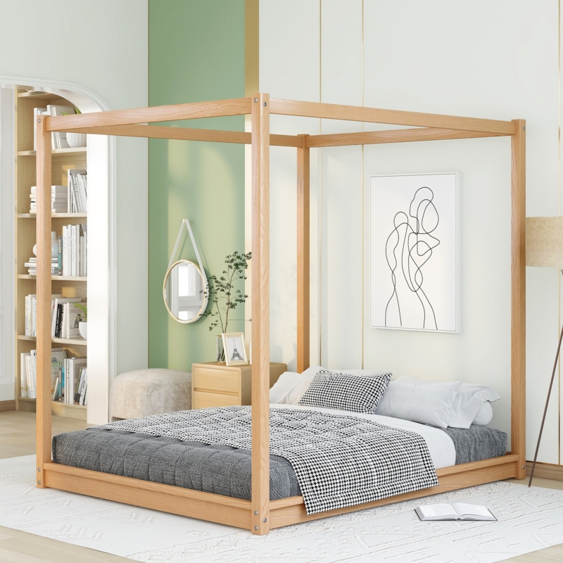 Low Platform Canopy Bed Light Wood Pine Finish Minimalist Scandi