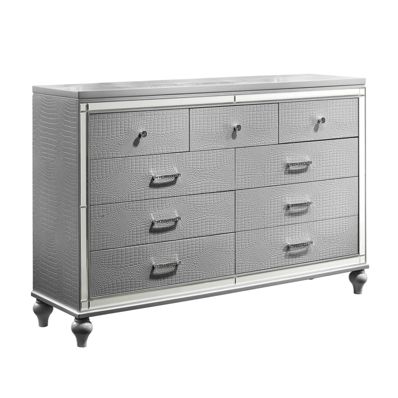 Luxurious Silver Nine Drawer Dresser with Crocodile Texture and Mirrored Trim