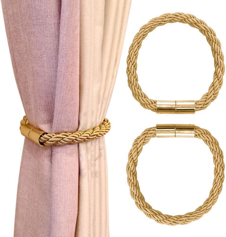 Magnetic Curtain Tieback with Braided Rope Texture, Polished Clasp Buckles