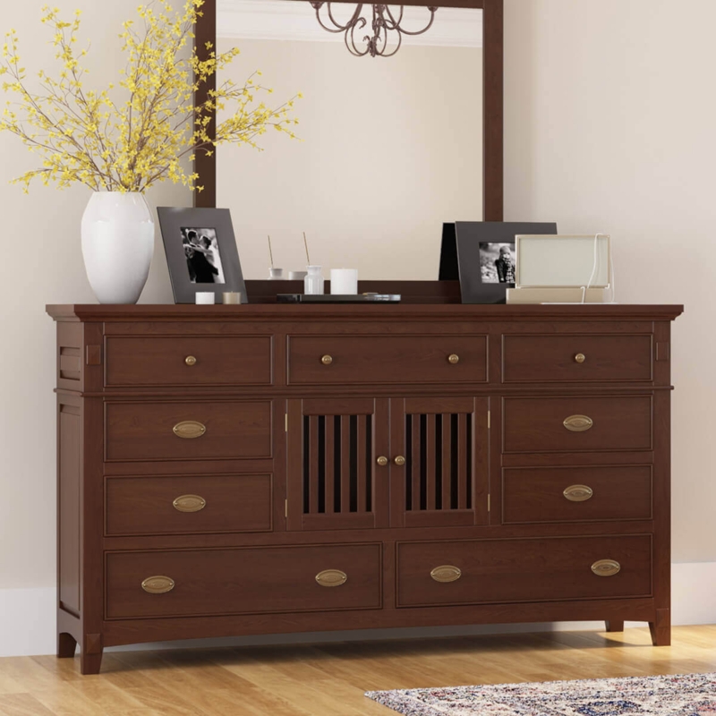 Mahogany 9-Drawer Dresser Featuring Central Slatted Cabinet Doors