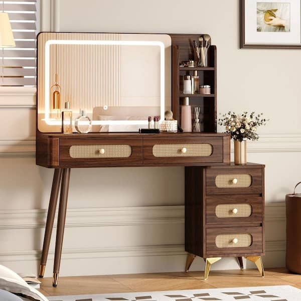 Makeup Vanity with Cane Front Drawers, Integrated LED Mirror, Dark Walnut