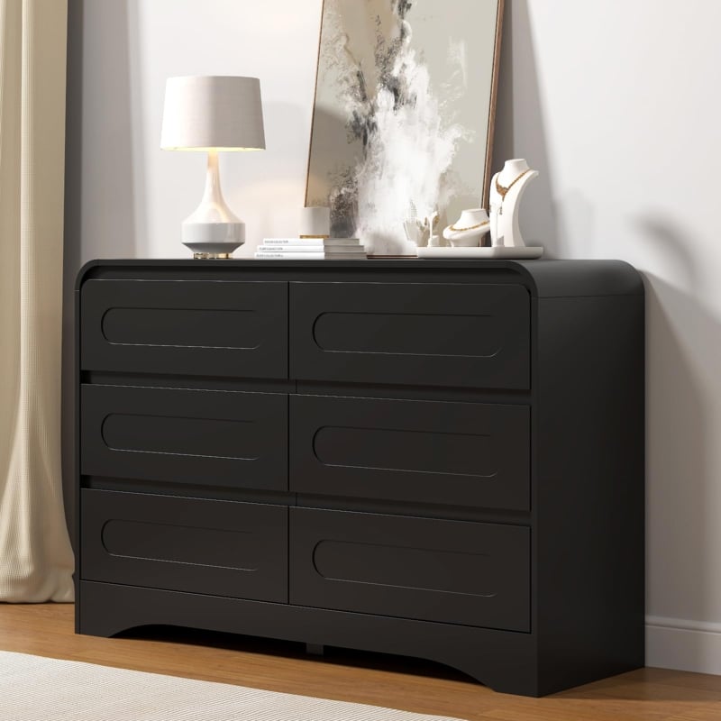 Matte Black Double Dresser with Curved Silhouette and Recessed Oval Pulls