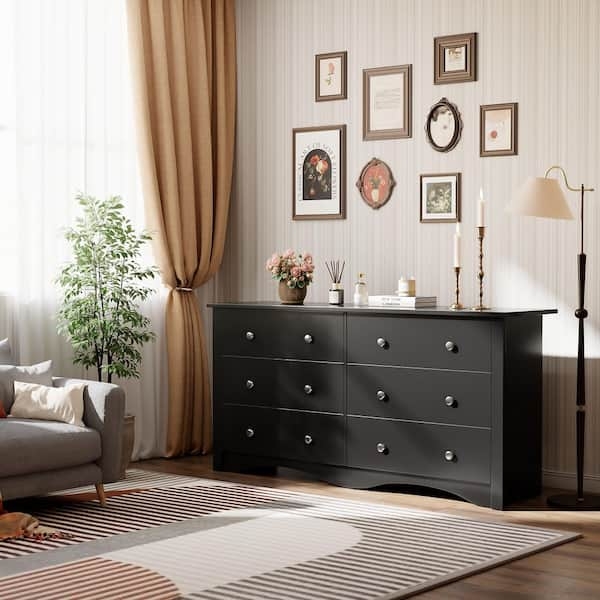 Matte Black Double Dresser with Silver Round Knobs. Transitional Style.