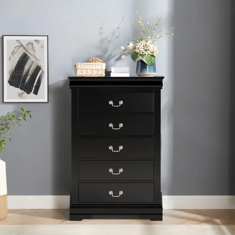 Matte Black Five Drawer Chest with Silver Bail Pulls and Molded Top