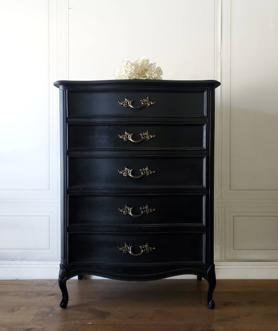 Matte Black Highboy Chest with Ornate Brass Hardware and Cabriole Legs