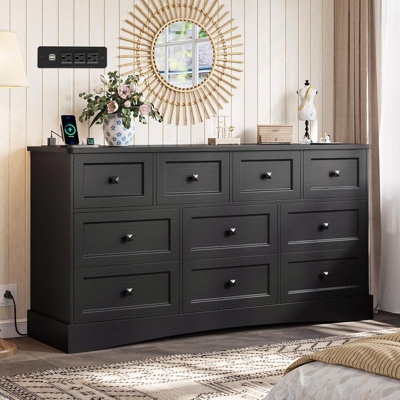 Matte Black Ten Drawer Dresser with Charging Station