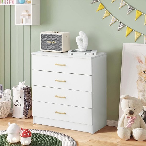 Matte Finish Dresser with Gold-Toned Bar Pulls and Kickplate