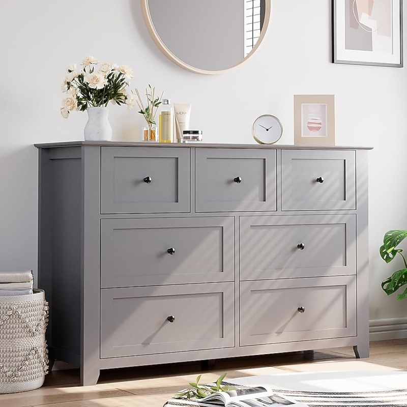 Matte Grey Dresser Recessed Panels Seven Drawers Transitional Style