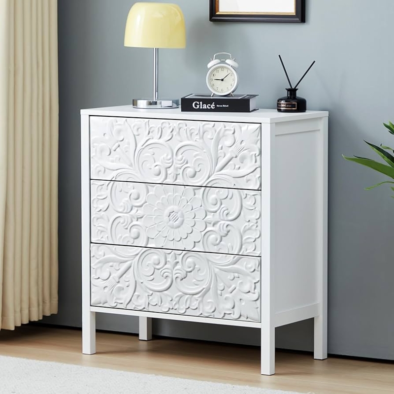 Matte White Dresser With Intricate Floral Carved Fronts