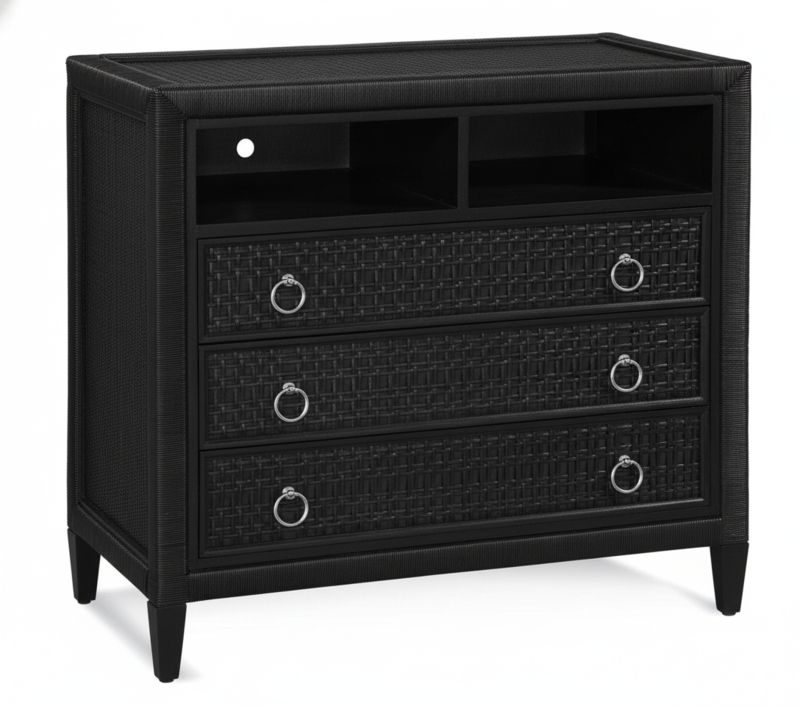 Media Chest, Open Storage Cubbies, Cable Management, Woven Rattan Texture